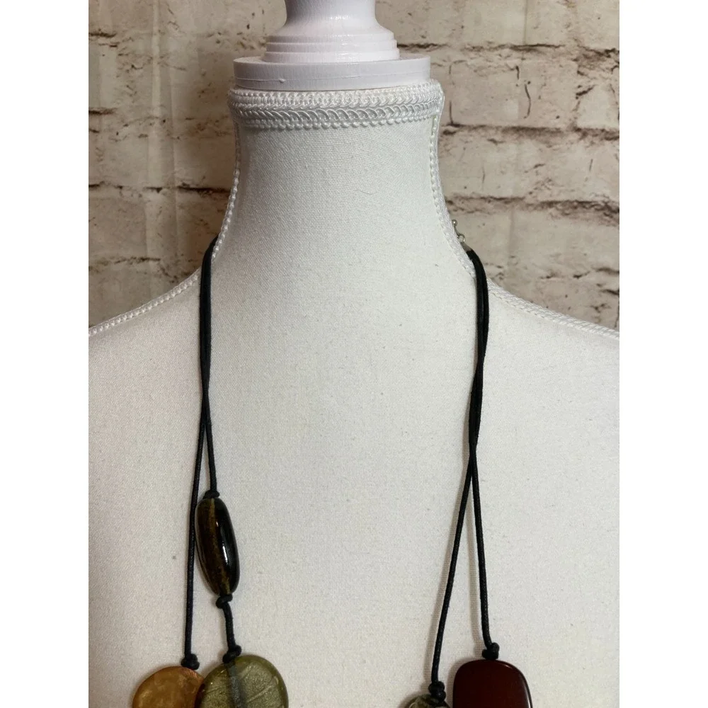 Boho Long Cord Necklace Mixed Resin Beads Artsy Brown Olive Modern Earthy Ethnic